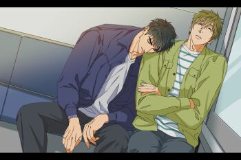 2boys black_hair blue_jacket brown_hair closed_eyes commentary free! green_jacket grey_pants hair_between_eyes jacket leaning_on_person long_sleeves male_focus multiple_boys pants parted_lips shirt sleeping striped_clothes striped_shirt symbol-only_commentary tachibana_makoto v-shaped_eyebrows vehicle_interior white_shirt yamazaki_sousuke yaoi zac_kan