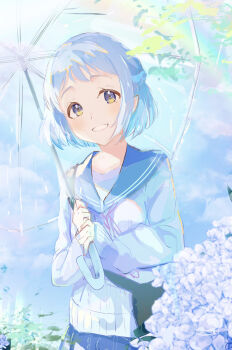 Rule 34 | 1girl, absurdres, after rain, blue sailor collar, commentary request, flower, gakuen idolmaster, grey hair, highres, holding, holding umbrella, hydrangea, idolmaster, katsuragi lilja, multicolored eyes, murabito-san (hygu3473), sailor collar, school uniform, short hair, smile, umbrella