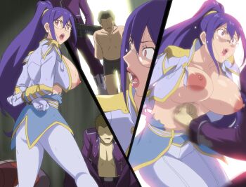 1girl arms_behind_back ass bouncing_breasts bound breasts breasts_out buzz_cunningham from_behind glasses gloves gun high_ponytail indoors jacket jo_aysel large_breasts legs long_hair makino_tomoyasu nipples no_bra no_eyes open_mouth ponytail punching purple_hair rape red_eyes ryona saliva sequential sitting spread_legs standing stomach_punch thighs tied_up violence weapon zoids zoids_wild zoids_wild_zero