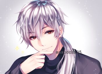 Rule 34 | 1boy, artist name, black sweater, closed mouth, commentary, double-parted bangs, english commentary, finger to own chin, grey background, grey hair, hair between eyes, hand up, head tilt, highres, long hair, long sleeves, looking at viewer, low ponytail, male focus, ponytail, portrait, red eyes, sasucchi95, simple background, smile, solo, susanghan messenger, sweater, tsurime, turtleneck, turtleneck sweater, vignetting, zen (susanghan messenger)