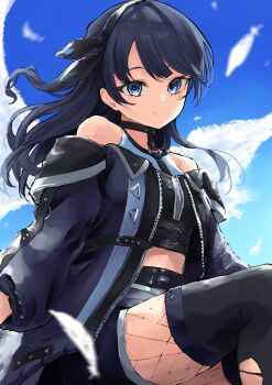 1girl absurdres ampere_(love_live!) black_hairband black_shirt black_skirt blue_coat blue_eyes blue_hair closed_mouth coat commentary_request feathers feet_out_of_frame fishnet_pantyhose fishnets hairband highres link!_like!_love_live! long_hair looking_at_viewer love_live! mendo_(mend0o0) midriff murano_sayaka off-shoulder_coat off_shoulder official_alternate_costume open_clothes open_coat pantyhose shirt skirt sleeveless sleeveless_shirt smile solo split_mouth torn_clothes torn_pantyhose virtual_youtuber white_feathers wings