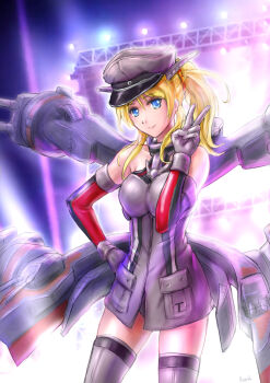 1girl ayase_eli bare_shoulders bismarck_(kancolle) bismarck_(kancolle)_(cosplay) blonde_hair blue_eyes cosplay dress elbow_gloves female_focus floodlights gloves hat kantai_collection keeth long_hair looking_at_viewer love_live! love_live!_school_idol_project military military_hat military_uniform ponytail sleeveless sleeveless_dress smile solo thighhighs v zettai_ryouiki