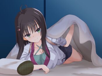 1girl ahoge black_hair black_shorts blunt_ends blush breasts c: casual cleavage closed_mouth come_hither commentary_request criss-cross_halter eyes_visible_through_hair full_body futon green_eyes green_shirt hair_between_eyes hair_ornament hairclip halterneck hand_up highres hitachi_mako indoors japanese_clothes kimono large_breasts long_sleeves looking_at_viewer lying night official_alternate_costume on_stomach senren_banka shirayamakoma shirt short_hair_with_long_locks shorts sleeves_rolled_up smile solo split_mouth straight_hair striped_clothes striped_shorts tsurime under_covers vertical-striped_clothes vertical-striped_shorts white_kimono x_hair_ornament