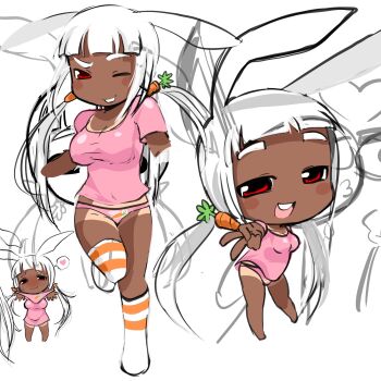 breasts carrot_hair_ornament chibi dark-skinned_female dark_skin food-themed_hair_ornament hair_ornament large_breasts lottie_(gravyalloverhim) original panties pink_shirt rabbit_ears red_eyes removing_panties shirt socks tan tanline twintails underwear white_hair