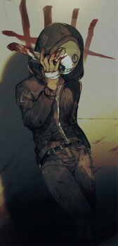 1boy against_wall black_jacket black_pants blood blood_on_clothes bloody_weapon dead_by_daylight facing_viewer hidaka_yuuno holding holding_knife hood hood_up hooded_jacket jacket knife long_sleeves mask pants solo the_legion_(dead_by_daylight) weapon