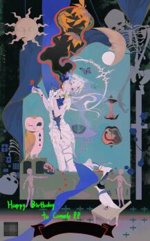 1girl absurdres animal apple bird blue_butterfly blue_eyes blue_flower boots bug butterfly butterfly_hair_ornament crescent crossed_bangs curtains doll doll_joints flower food fruit full_body full_moon hai_yexing_ren hair_between_eyes hair_ornament happy_birthday hat heterochromia highres holding holding_flower insect joints kneeling long_hair moon orange_flower original owl parted_lips pomegranate rotting short_sleeves sidelocks skeleton solo sun_symbol top_hat white_bird white_boots white_hair yellow_eyes yellow_flower