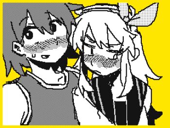 >_< 1boy 1girl animated animated_gif aubrey_(faraway)_(omori) aubrey_(omori) blush bright_pupils chinese_commentary collarbone commentary_request double-parted_bangs greyscale_with_colored_background hair_between_eyes hairband huasuan69416 jacket kel_(faraway)_(omori) kel_(omori) long_hair long_sidelocks lowres omori open_clothes open_jacket open_mouth short_hair sidelocks sweat sweatdrop