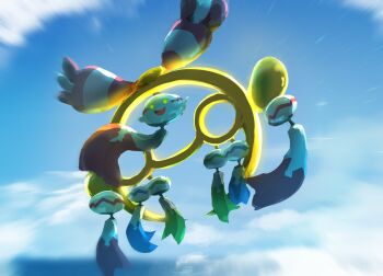 blue_sky bo_(bouillustration) chimecho cloud colored_sclera full_body gen_3_pokemon happy highres looking_at_viewer mega_chimecho mega_pokemon nintendo no_humans open_mouth pokemon pokemon_(creature) pokemon_focus sky smile solo wind_chime yellow_eyes yellow_sclera