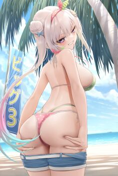 1girl absurdres airani_iofifteen ass bare_shoulders beach bikini bikini_bottom_under_shorts bikini_under_clothes blue_hair blue_shorts blush breasts butt_crack clothes_pull cloud grabbing_own_ass gradient_hair green_bikini grey_hair hair_bun hair_ornament hair_ribbon hairband hairclip highres hololive hololive_indonesia hololive_summer_2023_swimsuit holonatsu_paradise large_breasts long_hair looking_at_viewer looking_back multicolored_hair ocean open_mouth outdoors paint_splatter paint_splatter_on_face palette_hair_ornament palm_tree pink_hair pink_ribbon polka_dot polka_dot_bikini polka_dot_hairband polka_dot_ribbon purple_eyes ribbon short_shorts shorts shorts_pull smile solo somebody_(leiking00) striped_ribbon swimsuit tree two-tone_hairband v variant_set virtual_youtuber