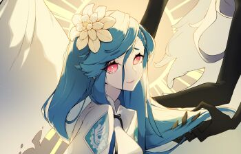 1girl absurdres commentary dizzy_(guilty_gear) eclipse english_commentary eyelashes flower from_side guilty_gear guilty_gear_strive hair_between_eyes hair_flower hair_ornament hand_in_another&#039;s_hair highres kwang_(nakwangg) lips long_hair looking_at_viewer queen_dizzy shaded_face sidelocks solo sun sunlight swept_bangs upper_body