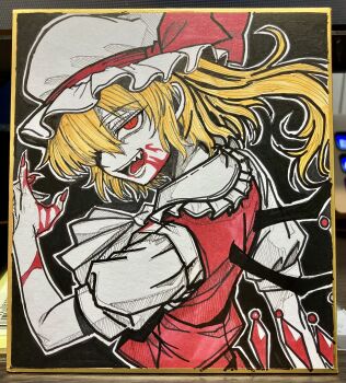 1girl absurdres ascot black_background blonde_hair blood blood_on_face blood_on_hands crystal crystal_wings flandre_scarlet frilled_shirt_collar frills hair_over_one_eye hat hat_ribbon highres looking_at_viewer mob_cap open_mouth puffy_sleeves red_eyes red_ribbon red_vest ribbon ryoan_(voyagehermitage) shirt short_hair short_sleeves side_ponytail smile solo teeth touhou traditional_media upper_body vest wings