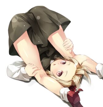 Rule 34 | 1girl, black skirt, black vest, blonde hair, commentary request, flexible, foot out of frame, forehead, gorilla (bun0615), hair ribbon, hands on own legs, highres, lens flare, long sleeves, looking at viewer, looking through own legs, loose socks, open mouth, pink eyes, red ribbon, red shoes, ribbon, rumia, shirt, shoes, short hair, skirt, socks, solo, touhou, upside-down, vest, white background, white shirt, white socks