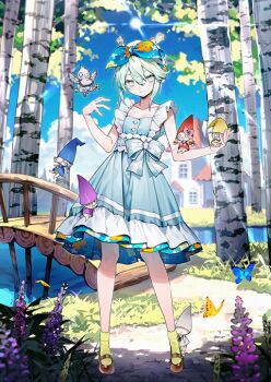 1girl antlers bare_arms birch_tree bird blue_bow blue_dress blue_sky bow bow_hairband bridge brown_shoes building bukurote closed_mouth collarbone double-parted_bangs dress dress_bow fate/grand_order fate_(series) full_body game_cg green_eyes green_hair green_socks hair_between_eyes hair_bow hairband hands_up horns legs_apart looking_at_viewer louhi_(fate) louhi_(first_ascension)_(fate) mary_janes medium_dress official_art outdoors path pink_pupils river road shoes short_hair sky sleeveless sleeveless_dress smile socks solo standing sunlight third-party_source tonttu_(fate) tree waist_bow