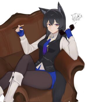 Rule 34 | +++, 1girl, animal ear fluff, animal ear piercing, animal ears, arknights, bajigurr, black hair, black pantyhose, black tail, black vest, blue gloves, blue shorts, bolo tie, closed mouth, collared shirt, commentary, corrupted twitter file, couch, crossed legs, feet out of frame, fingerless gloves, food, gloves, hair between eyes, highres, holding, holding food, holding phone, holding pocky, lappland (arknights), long hair, long sleeves, looking at viewer, multicolored eyes, on couch, orange eyes, pantyhose, phone, pocky, purple eyes, shirt, short shorts, shorts, simple background, solo, symbol-only commentary, tail, texas (arknights), texas the omertosa (arknights), two-tone eyes, vest, white background, white shirt, wolf ears, wolf girl, wolf tail