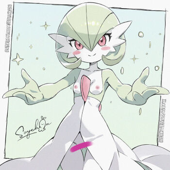 1girl artist_name bar_censor blush blush_stickers bob_cut border breasts censored closed_mouth collarbone colored_skin cowboy_shot female_focus gardevoir gen_3_pokemon gluteal_fold gradient_background green_background green_hair green_skin hair_between_eyes hands_up happy looking_at_viewer motion_lines multicolored_skin nintendo nipples outside_border partial_humanization patreon_username pokemon pokemon_(creature) red_eyes short_hair signature small_breasts smile solo soy-chan sparkle split_mouth standing thigh_gap twitter_username two-tone_skin watermark web_address white_border white_skin