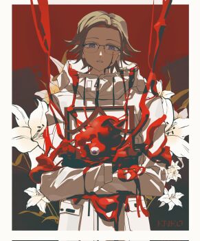 1boy aotsuki_eito blue_eyes border chinese_commentary eldritch_abomination eyeball flesh flower glasses grey_hair highres holding jacket looking_at_viewer male_focus pocket short_hair si_ming solo_focus the_hundred_line_-last_defense_academy- upper_body white_border white_jacket