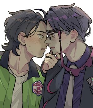 Rule 34 | 2boys, 63612581m, adam's apple, arm up, black hair, black jacket, blush, brown eyes, closed mouth, collarbone, collared jacket, collared shirt, commentary request, corbeau (pokemon), crew neck, glasses, green jacket, hand on another's chin, highres, imminent kiss, jacket, lapels, male focus, multiple boys, necktie, nervous sweating, nintendo, open clothes, open jacket, parted lips, paxton (pokemon), pokemon, pokemon legends: z-a, purple hair, purple shirt, round eyewear, shirt, short hair, simple background, smile, sweat, t-shirt, upper body, white background, white necktie, white shirt, wing collar, yaoi, yellow eyes