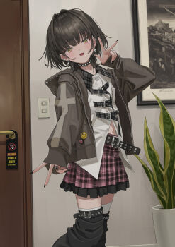 1girl absurdres aegyo_sal badge belt black_hair black_nails brown_jacket button_badge choker collar detached_pants door door_handle earrings fang feet_out_of_frame gishiki_(gshk) hair_between_eyes hair_intakes highres indoors jacket jewelry leather_belt light_switch looking_at_viewer medium_hair midriff_peek multiple_belts multiple_earrings navel necklace open_clothes open_jacket open_mouth original painting_(object) picture_frame pink_skirt plaid_belt plaid_clothes plaid_collar plaid_skirt plant potted_plant shirt skin_fang skirt skull_necklace smiley_face solo spike_piercing spiked_choker spiked_collar spikes standing studded_belt tanaka_kyouko thigh_belt thigh_strap thighhighs v white_shirt white_thighhighs wolf_cut yellow_eyes