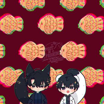 2boys :o ahoge animal_ears averting_eyes black_coat black_hair black_shirt cat_ears cat_tail chromatic_aberration coat collared_shirt commentary double-parted_bangs fish hair_between_eyes highres kemonomimi_mode kim_dokja kimidori_22 male_focus mouse_ears mouse_tail multiple_boys omniscient_reader&#039;s_viewpoint open_clothes open_coat popped_collar shirt short_hair symbol-only_commentary tail upper_body white_coat yoo_joonghyuk