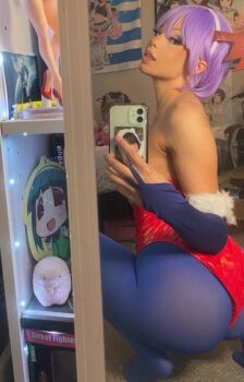 1girl animal_print arms_up ass bat_print bat_wings bedroom blue_pantyhose blurry blush boots breasts bridal_gauntlets capcom cleavage clenched_teeth clothing_cutout collarbone commentary cosplay cosplay_photo darkstalkers demon_girl depth_of_field diamond_cutout female_focus flat_chest fur-trimmed_leotard fur_trim head_tilt head_wings highleg highleg_leotard highres holding holding_phone indoors leotard lilith_(darkstalkers) lilith_(darkstalkers)_(cosplay) low_wings medium_breasts nymphokisses pantyhose parted_lips phone photo_(medium) purple_hair real_life red_eyes red_leotard selfie short_hair solo squatting teeth thick_thighs thighs wings