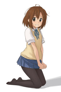 1girl andreypavlow black_pantyhose blue_ribbon blue_skirt brown_eyes brown_hair full_body furrowed_brow hair_ornament hairclip highres hirasawa_yui k-on! kneeling looking_at_viewer loose_hair_strand neck_ribbon no_shoes pantyhose pleated_skirt ribbon sakuragaoka_high_school_uniform school_uniform shirt short_hair short_sleeves skirt skirt_hold solo sweater sweater_vest white_shirt yellow_sweater
