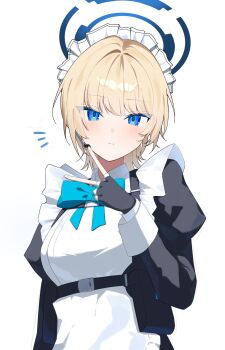 1girl belt black_gloves black_jacket blonde_hair blue_archive blue_bow blue_eyes blush bow bowtie collared_shirt commentary_request earpiece fingerless_gloves frilled_headdress frills gloves hair_between_eyes halo highres jacket looking_at_viewer maid maid_headdress parted_lips pointing pointing_at_self shirt short_hair simple_background solo sukasusu_51te tactical_maid toki_(blue_archive) unconventional_maid upper_body white_background white_shirt