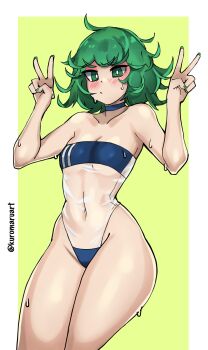 1girl annoyed artist_name blue_one-piece_swimsuit blush breasts closed_mouth collarbone covered_navel curly_hair dot_mouth dot_nose double_v embarrassed feet_out_of_frame female_focus fingernails green_background green_eyes green_hair green_nails hands_up highres kuromaruart looking_at_viewer medium_hair nail_polish one-piece_swimsuit one-punch_man petite simple_background sitting small_breasts solo sweat swimsuit tatsumaki two-tone_background two-tone_one-piece_swimsuit v w_arms white_background white_one-piece_swimsuit wide_hips