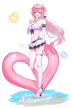 1girl :d absurdres bare_shoulders bikini bikini_skirt blue_eyes blush breasts commentary elysia_(honkai_impact) elysia_(miss_pink_elf)_(honkai_impact) elysia_(summer_miss_elf)_(honkai_impact) full_body hairband hand_on_own_chest high_heel_sandals highres honkai_(series) honkai_impact_3rd large_breasts long_hair looking_at_viewer navel open_mouth pink_hair pink_pupils sandals skirt smile solo ssamsa0404 standing stomach swimsuit thighs white_bikini white_hairband white_sandals white_skirt