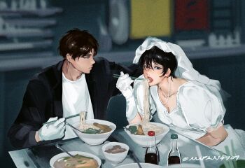 1boy 1girl black_hair black_jacket black_vs_white blurry blurry_background breasts bridal_veil bride brown_hair chopsticks cleavage couple derivative_work dress eating eren_yeager facial_scar food gloves groom hair_between_eyes hetero highres holding holding_chopsticks husband_and_wife jacket jewelry medium_breasts mifan4707 mikasa_ackerman necklace noodles open_mouth parted_bangs pearl_necklace puffy_short_sleeves puffy_sleeves scar scar_on_cheek scar_on_face shingeki_no_kyojin shirt short_hair short_sleeves sitting soy_sauce_bottle twintails veil wedding_dress white_dress white_gloves white_shirt