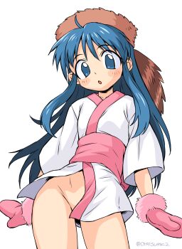 1girl :o ahoge blue_eyes blue_hair blush_stickers brown_hat collarbone coon_hat cowboy_shot fur-trimmed_gloves fur-trimmed_mittens fur_trim gin'yuki gloves hat highres japanese_clothes kimono lightning_legend long_hair mittens no_panties obi open_mouth oyatsu_(mk2) pink_gloves pink_mittens pink_sash sash short_sleeves sidelocks simple_background solo tareme twitter_username white_background white_kimono wind wind_lift
