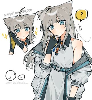 1girl ahoge arknights arknights:_endfield bare_shoulders bird_girl black_gloves blue_eyes coat commentary emne english_commentary gloves grey_coat grey_hair head_wings highres long_hair long_sidelocks looking_at_viewer multicolored_gloves off_shoulder open_clothes open_coat perlica_(arknights) sidelocks solo two-tone_gloves white_background wings