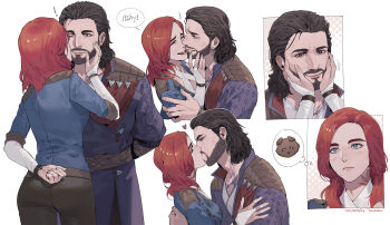 Rule 34 | 1boy, baldur's gate, baldur's gate 3, beard, blue shirt, brown hair, byuub, couple, dungeons & dragons, dungeons &amp; dragons, earrings, english text, facial hair, gale (baldur's gate), happy, hetero, highres, hug, jewelry, kiss, kissing cheek, long hair, multiple views, purple robe, red hair, robe, shirt, smile, speech bubble, tav (baldur's gate), white background