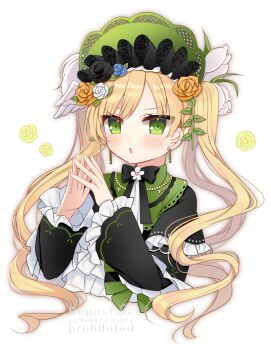 Rule 34 | 1girl, :o, black flower, black rose, blonde hair, bonnet, commentary request, dithering, earrings, flower, green bonnet, green eyes, hair flower, hair ornament, hands up, highres, jewelry, lolita fashion, long hair, long sleeves, looking at viewer, mahou shoujo no majo saiban, neck ribbon, open mouth, ribbon, rose, shikito (yawa0w0), solo, steepled fingers, tono hanna, twintails, upper body, white background, white flower, white rose, yellow flower, yellow rose