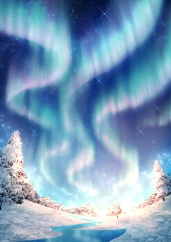 absurdres aurora commentary_request highres marian_oekaki night no_humans original outdoors river scenery sky snow star_(sky) tree winter