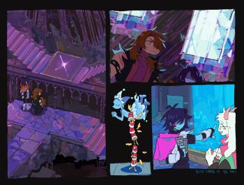 1boy 1girl 1other black_border blue_hair blue_skin border colored_skin creature cuptain_(deltarune) deltarune furry furry_female furry_male hair_over_one_eye highres in-universe_location kris_(dark_world)_(deltarune) kris_(deltarune) mizzle_(deltarune) pink_skin pointing ralsei red_hair scenery short_hair stairs susie_(dark_world)_(deltarune) susie_(deltarune) utdr_(toby_fox) yaksa_del