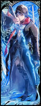 1boy belt black_hair boots card_(medium) coat commentary_request expressionless full_body glowing glowing_sword glowing_weapon highres holding holding_sword holding_weapon looking_at_viewer male_focus original pectorals scarf solo sumi_keiichi sword tarot tarot_(medium) weapon yellow_eyes