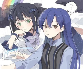 2girls ? amami_haruka black_hair blue_hair blue_shirt brown_eyes closed_mouth cloud collared_shirt dark_cloud expressionless green_eyes hano9789 highres idolmaster idolmaster_(classic) idolmaster_million_live! idolmaster_million_live!_theater_days kisaragi_chihaya long_hair looking_at_viewer multiple_girls official_alternate_hair_color rain rainbow shirt short_hair speech_bubble spoken_question_mark sweater_vest