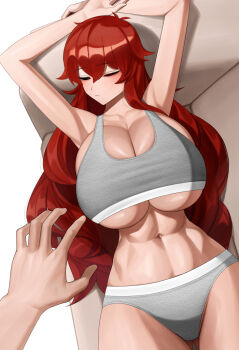 1boy 1girl arms_up bra breast_press breasts closed_eyes couch dola_(nijisanji) from_above grey_bra grey_panties hair_between_eyes highres huge_breasts long_hair lying navel nijisanji on_back paid_reward_available panties pov red_hair senju_(snz0) sleeping stomach sweatdrop toned toned_female underboob underwear very_long_hair virtual_youtuber