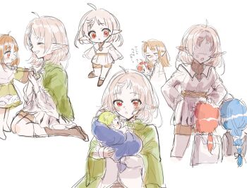 ahoge anger_vein ars_greyrat baby boots braid brown_hair capelet carrying carrying_baby carrying_person chibi christina_greyrat dress elf green_capelet green_dress green_hair highres lara_greyrat lucy_greyrat mother_and_daughter mother_and_son mushoku_tensei pointy_ears ponytail red_eyes red_hair sieghart_saladin_greyrat spica59 sweatdrop sylphiette_(mushoku_tensei) white_background