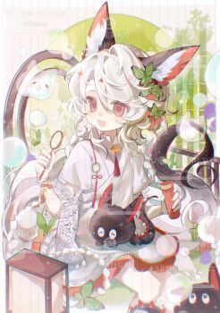 1girl :d animal animal_ear_fluff animal_ears braid bubble bubble_pipe butterfly_hair_ornament double-parted_bangs dress feet_out_of_frame fox fox_ears fox_girl hair_between_eyes hair_ornament highres holding long_hair open_mouth original red_eyes senzhongxun short_sleeves sitting smile solo too_many_watermarks twin_braids watermark white_dress white_hair