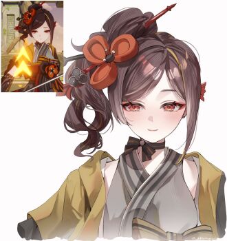1girl black_choker brown_hair chiori_(genshin_impact) choker eyeshadow genshin_impact grey_kimono hair_ornament hair_stick haori highres japanese_clothes kimono long_hair looking_at_viewer makeup multiple_views red_eyes side_ponytail simple_background smile upper_body white_background yukiusagi_(snowrabbit0508)