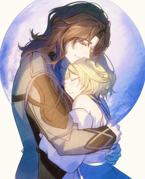 1boy 1girl blonde_hair blue_dress blue_eyes blunt_bangs brown_hair closed_eyes closed_mouth coat commentary_request couple detached_sleeves dress eyelashes facing_another full_moon genshin_impact grey_coat grey_sleeves hands_on_another's_back head_on_chest hetero highres hug light_blush long_sleeves looking_at_another moon rerir_(genshin_impact) sainome_(imveryfinethx) short_hair simple_background smile swept_bangs tholindis_(genshin_impact) tsurime wavy_hair white_sleeves