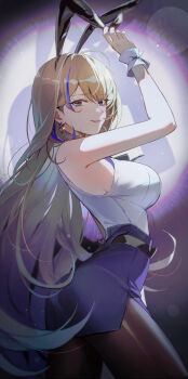 1girl absurdres animal_ear_hairband animal_ears ass black_pantyhose blonde_hair blue_eyes blue_skirt blue_streaks blurry bokeh breasts commentary depth_of_field earrings fake_animal_ears hairband heart heart_earrings highres honkai:_star_rail honkai_(series) jewelry large_breasts long_hair looking_at_viewer miniskirt pantyhose pencil_skirt rabbit_ear_hairband rabbit_ears serval_landau shirt skirt sleeveless sleeveless_shirt smile solo very_long_hair wrist_wrap yanjem