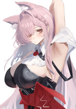 1girl absurdres animal_ear_fluff animal_ears arknights arm_up armpits black_dress blush braid breasts cleavage closed_mouth commentary_request dress extra_ears hair_between_eyes high-waist_skirt highres large_breasts long_hair looking_at_viewer pink_eyes pink_hair pozyomka_(arknights) red_skirt remapack77 skirt solo upper_body white_background wolf_ears