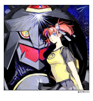 1girl absurdres aiba_ami alphamon black_skirt blue_eyes border breasts close-up collarbone cowboy_shot dawu233 digimon digimon_story:_cyber_sleuth goggles goggles_on_head highres pleated_skirt red_hair shirt side_ponytail skirt white_border yellow_eyes yellow_shirt