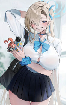 1girl arm_under_breasts asuna_(blue_archive) asuna_(school_uniform)_(blue_archive) black_skirt blonde_hair blue_archive blue_bow blue_bowtie blue_bra blue_choker blue_eyes blue_halo blue_ribbon blue_scrunchie blush bow bowtie bra bra_peek breasts bursting_breasts button_gap cellphone cellphone_charm character_charm charm_(object) choker commentary_request dienot0 grin hair_over_one_eye hair_ribbon halo highres holding holding_phone huge_breasts long_hair looking_at_viewer miniskirt mole mole_on_breast neru_(blue_archive) phone pleated_skirt revision ribbon school_uniform scrunchie shirt shirt_tucked_in short_sleeves skirt smartphone smile solo thighs underwear white_shirt wrist_scrunchie