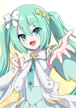 1girl aqua_eyes aqua_hair aqua_skirt blush bow detached_sleeves dress hair_between_eyes hair_ornament hatsune_miku highres hiramado_miku kouki_kuu kowareta_sekai_to_utaenai_miku long_hair long_sleeves looking_at_viewer open_mouth project_sekai reaching reaching_towards_viewer skirt sleeveless sleeveless_dress smile solo spoilers twintails very_long_hair white_bow white_dress x_hair_ornament