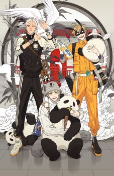 Rule 34 | 3boys, animal, architecture, bag, bamboo, bee wings, bird, black shoes, blonde hair, bottle, bucket hat, charm (object), compass, east asian architecture, food, grey pants, gucci, hat, highres, holding, holding animal, holding bottle, hood, hoodie, horns, ice cream, insect wings, male focus, moon gate, moss (character), mosspaca advertising department, multiple boys, old xian, old xian (character), orange pants, orange shirt, paintbrush, panda, pants, pencil, reflective surface, shirt, shoes, shoulder bag, single horn, smile, tanjiu (character), tile floor, tiles, track suit, watch, white eyes, white hair, white shoes, wings, wristwatch, xiangyun
