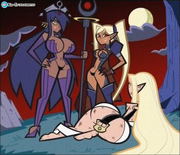 3girls ass black_hair blonde_hair breasts cartoonized celestine_lucullus cleavage cloe_(kuroinu) curvy dark-skinned_female dark_elf dark_skin earrings elf female_focus hair_intakes highres huge_ass jewelry joseph_brito kuroinu_~kedakaki_seijo_wa_hakudaku_ni_somaru~ large_breasts long_hair meme multiple_girls navel olga_discordia parody pointy_ears ponytail red_eyes side_ponytail style_parody toon_(style) very_long_hair yellow_eyes