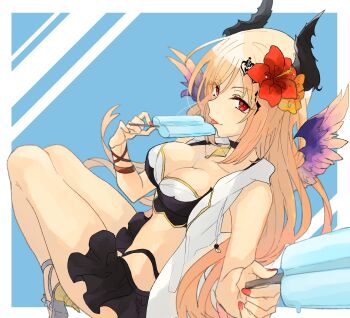 Rule 34 | 1girl, bare shoulders, bikini, black bikini, black horns, blonde hair, breasts, cleavage, commentary request, dark angel olivia, feathered wings, flower, food, granblue fantasy, hair flower, hair ornament, highres, holding, holding food, holding popsicle, horns, layered bikini, long hair, looking at viewer, medium breasts, mini wings, popsicle, purple wings, red eyes, red flower, solo, swimsuit, tongue, tongue out, white bikini, wings, yakota (usuk-yako)